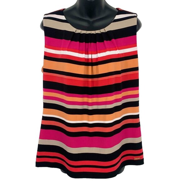 Calvin Klein Stripe Blouse Top Button XL Extra Large Pleat Stretch Sleeveless - Picture 1 of 8